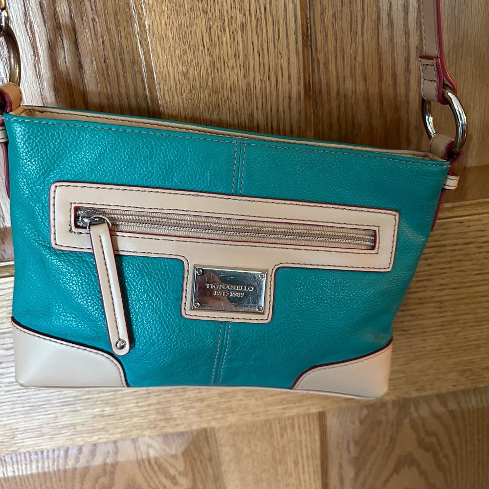 Tignanello Teal/Tan Shoulder/Crossbody Leather Bag.